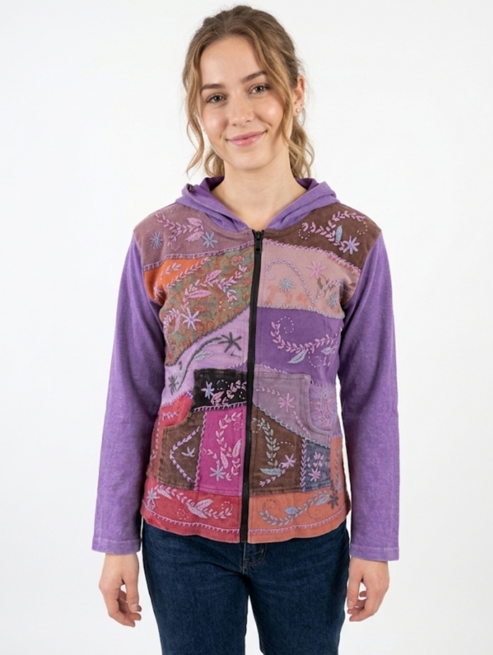 Nepali Embroidered Patchwork Hoodie Sweatshirt Medium Purple